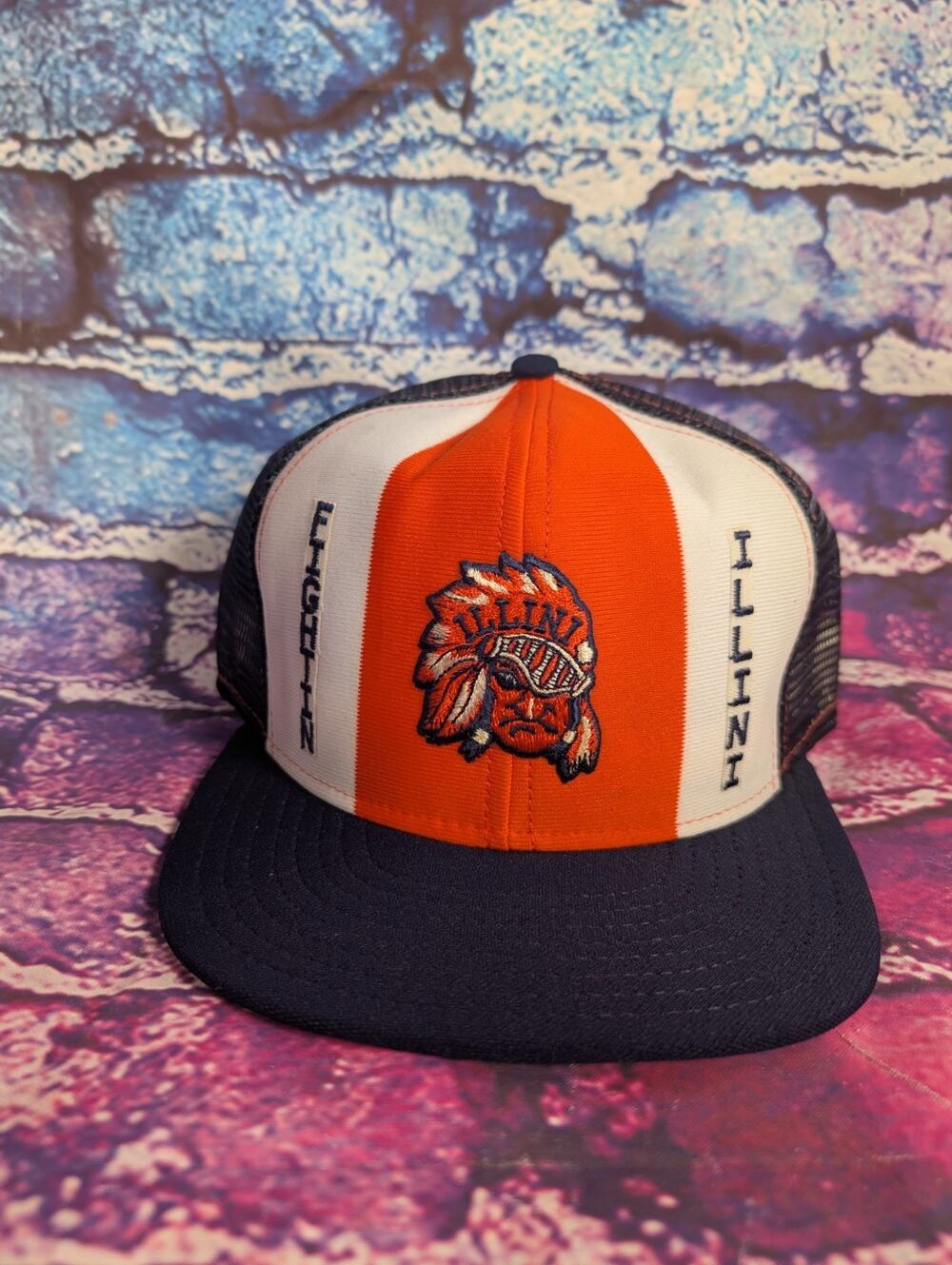 Vintage Fightin Illini Indian AJD Lucky Stripes Mesh SnapBack Hat